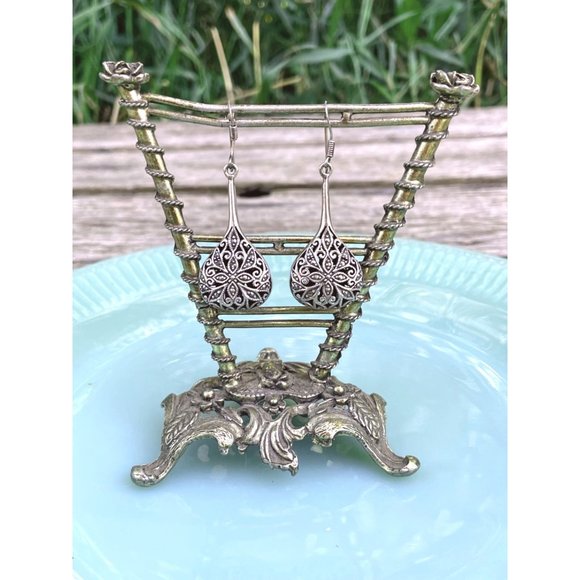 Vintage 925 Sliver Marcasite Tear Drop Dangle Earrings - Picture 7 of 14